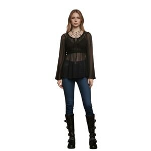NWT Express Womens Babydoll Sheer Silk Blouse Small Whimsigoth Witchy Y2K Black